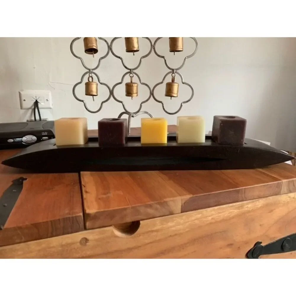 Set of 5 Beeswax Candles‎ on wooden stand